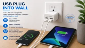 USB plug into wall dual port charger charging two devices simultaneously with smart power delivery