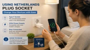 Traveler charging a smartphone using a netherlands plug socket in a hotel room
