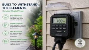 Weatherproof outdoor digital timer designed to withstand rain, snow, and harsh outdoor conditions