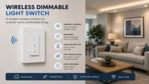 wireless dimmable light switch mounted on a living room wall for modern lighting convenience.