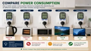 Meter power consumption comparing electricity usage of different household appliances for better energy management