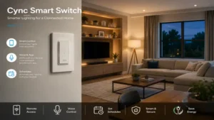 Modern living room featuring a cync smart switch for connected smart lighting