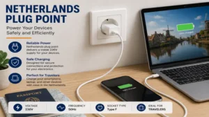 Smartphone and laptop charging safely through a Netherlands plug point using the correct adapter