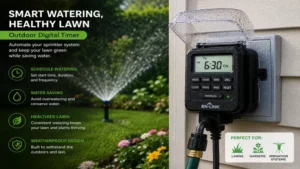 Outdoor digital timer managing a garden sprinkler system with programmable watering schedules