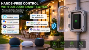 outdoor smart switch compatible with voice assistants for hands-free outdoor device control.