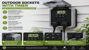 Close-up of outdoor sockets with timer featuring waterproof covers, programmable controls, and secure installation.