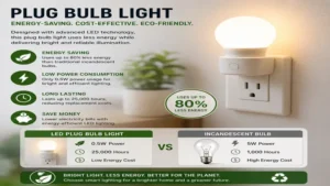 Energy-saving plug bulb light designed to reduce electricity consumption while maintaining brightness.