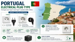 Portugal electrical plug type illustrated with Portugal map and plug compatibility guide