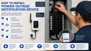 Power outage notification device being installed on a household electrical panel for reliable outage detection.