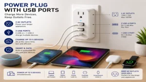 Power plug with usb ports charging multiple USB devices while keeping standard AC outlets available