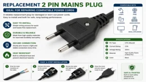 Replacement 2 pin mains plug suitable for repairing compatible electrical cords and devices
