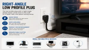Right-angle low profile plug offering a compact solution for TVs, desks, and entertainment centers.