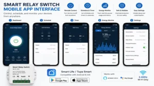 Mobile app interface for managing a smart relay switch with scheduling and remote control