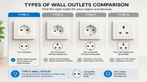 Comparison of a type c wall outlet with other common international electrical outlet types.
