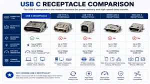 Comparison of usb c receptacle with older USB connector types