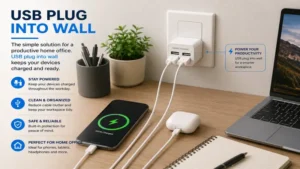 USB plug into wall home office charging setup keeping phones, tablets, and work devices powered