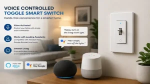 Toggle smart switch supporting voice control with popular smart home assistants for hands-free operation.