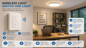 wireless light switch and light providing efficient lighting control in a modern home office workspace.