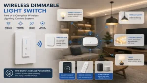 wireless dimmable light switch integrated into a wireless home lighting control system with app and remote access.