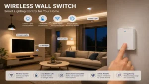 Wireless wall switch controlling lighting in a contemporary living room environment