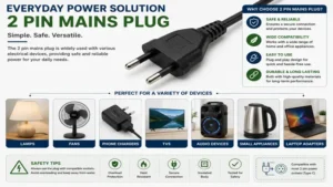 2 pin mains plug used with lamps, small appliances, and electronic devices for everyday power