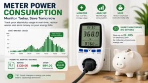 Meter power consumption monitor helping reduce electricity bills through real-time energy tracking and savings