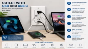 Outlet with usb and usb c ideal for charging smartphones, tablets, laptops, and other USB-powered devices