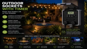 outdoor sockets with timer supplying scheduled power for patio lights, fountains, and outdoor entertainment areas.