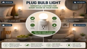 Versatile plug bulb light suitable for bedrooms, bathrooms, kitchens, and other indoor spaces.