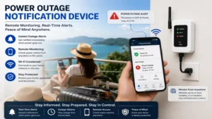 Power outage notification device enabling remote monitoring of home electricity during vacations or emergencies.