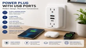 Sleek power plug with usb ports featuring a modern design suitable for home, office, and travel use