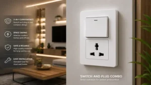 Stylish switch and plug combo complementing a modern home's electrical installation with a clean finish.