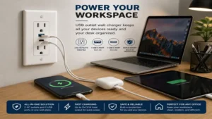 USB outlet wall charger used in a home office to charge laptops, phones, and accessories