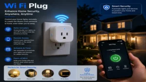 Wi fi plug enhancing home security by remotely controlling lights while away