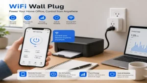 wifi wall plug powering office equipment in a modern home office with remote access.