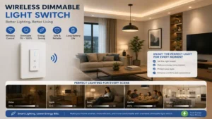 wireless dimmable light switch enhancing comfort and energy efficiency throughout a modern home.