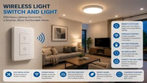 wireless light switch and light enhancing comfort and convenient lighting control in a contemporary living room.