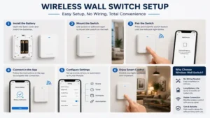 Wireless wall switch setup guide demonstrating pairing and smart home configuration