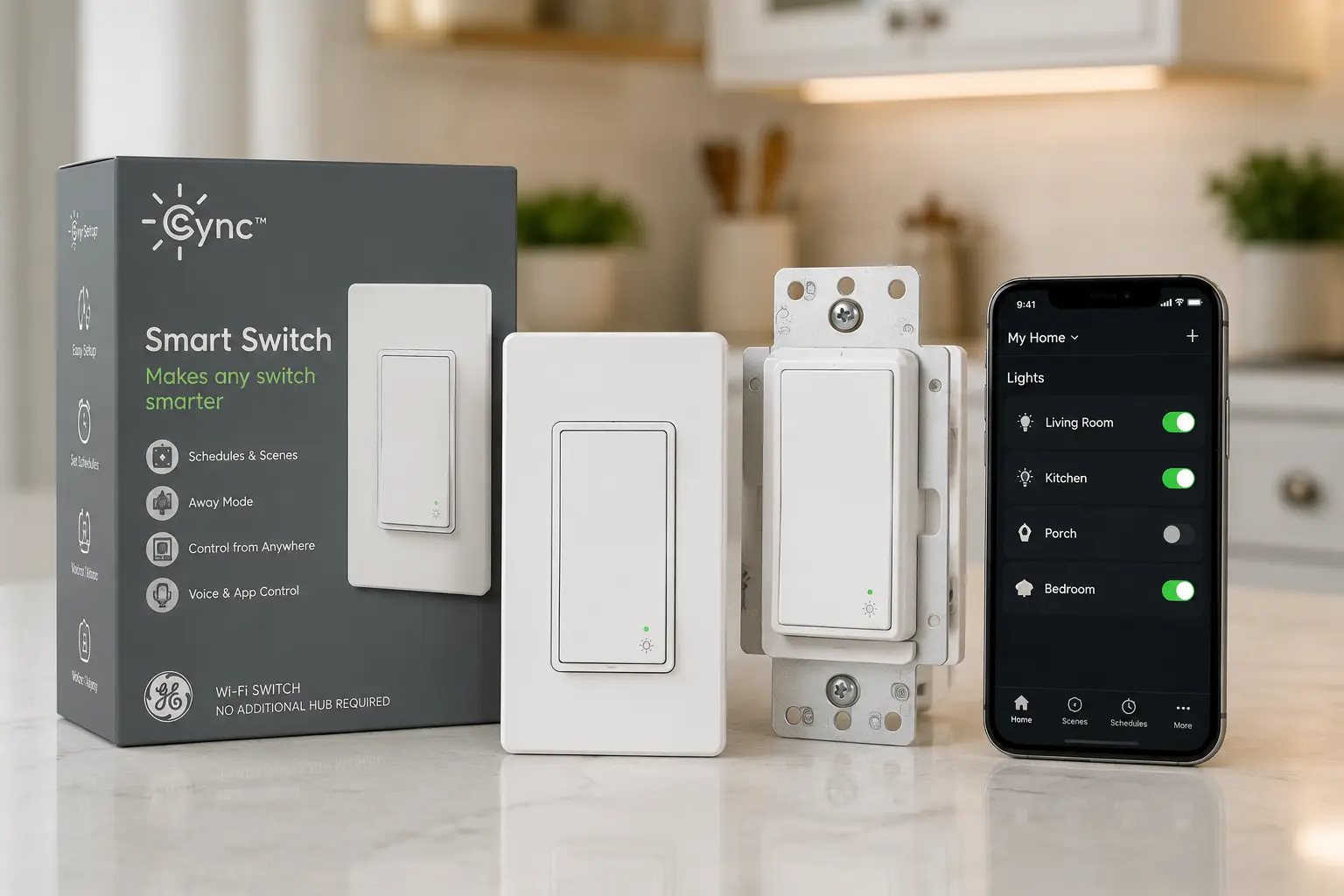 Cync switches with smartphone app controls in a modern smart home kitchen