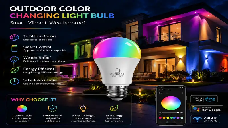 Outdoor color changing light bulb illuminating a modern home's exterior with vibrant customizable lighting.