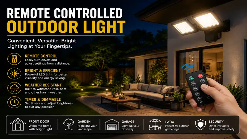 Remote controlled outdoor light illuminating a modern backyard patio at night