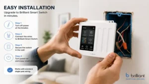 Electrician installing a brilliant smart switch into a standard wall electrical box for a smart home upgrade.