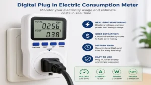 Digital plug in electric consumption meter displaying real-time electricity usage data