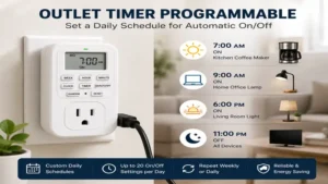 Outlet timer programmable set for a daily schedule to automate appliance power control