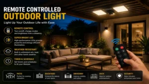 Remote controlled outdoor light creating warm illumination around a patio seating area