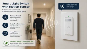 Smart light switch with motion sensor detecting movement and automatically turning on the lights