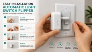 Step-by-step installation of an automatic light switch flipper on a standard wall switch