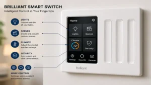 Close-up of a brilliant smart switch touchscreen showing lighting, climate, security, and smart home controls.