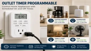 Outlet timer programmable controlling home appliances with scheduled on and off times