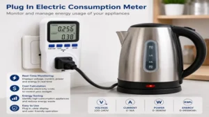 Plug in electric consumption meter connected to a household appliance for energy monitoring
